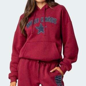 Edikted West Coast Star Hoodie Red Oversized Distressed Denim Patch Sweatshirt M